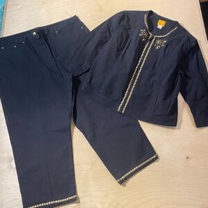 Ruby Rd. Black Embellished Jacket and Pants Set Size 18 (NB)